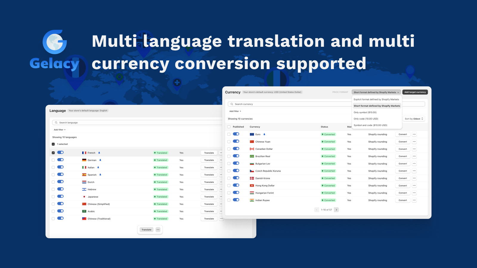 Multi language translation and multi currency conversion support