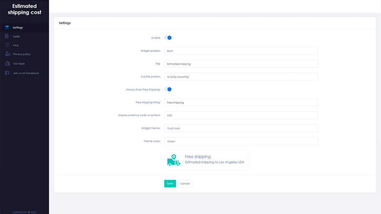 Configuraciones de costo de envío