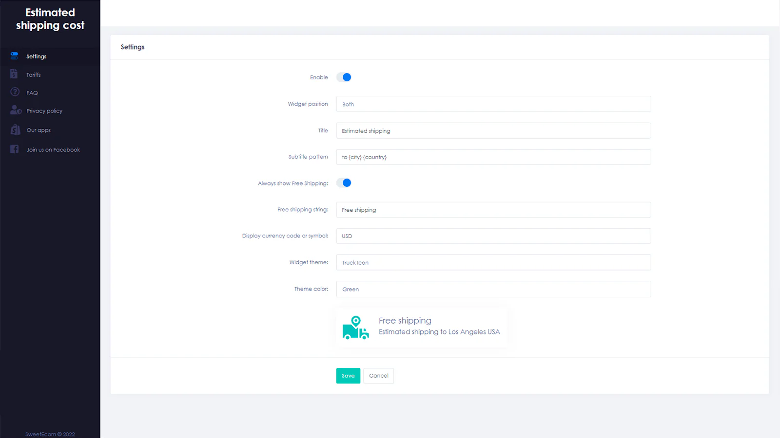 Configuraciones de costo de envío