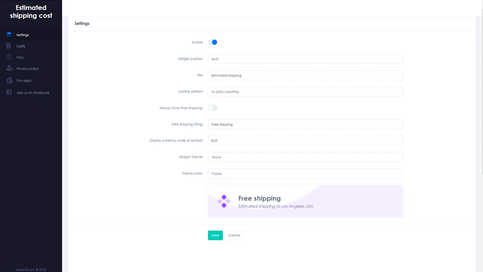 Shipping cost settings