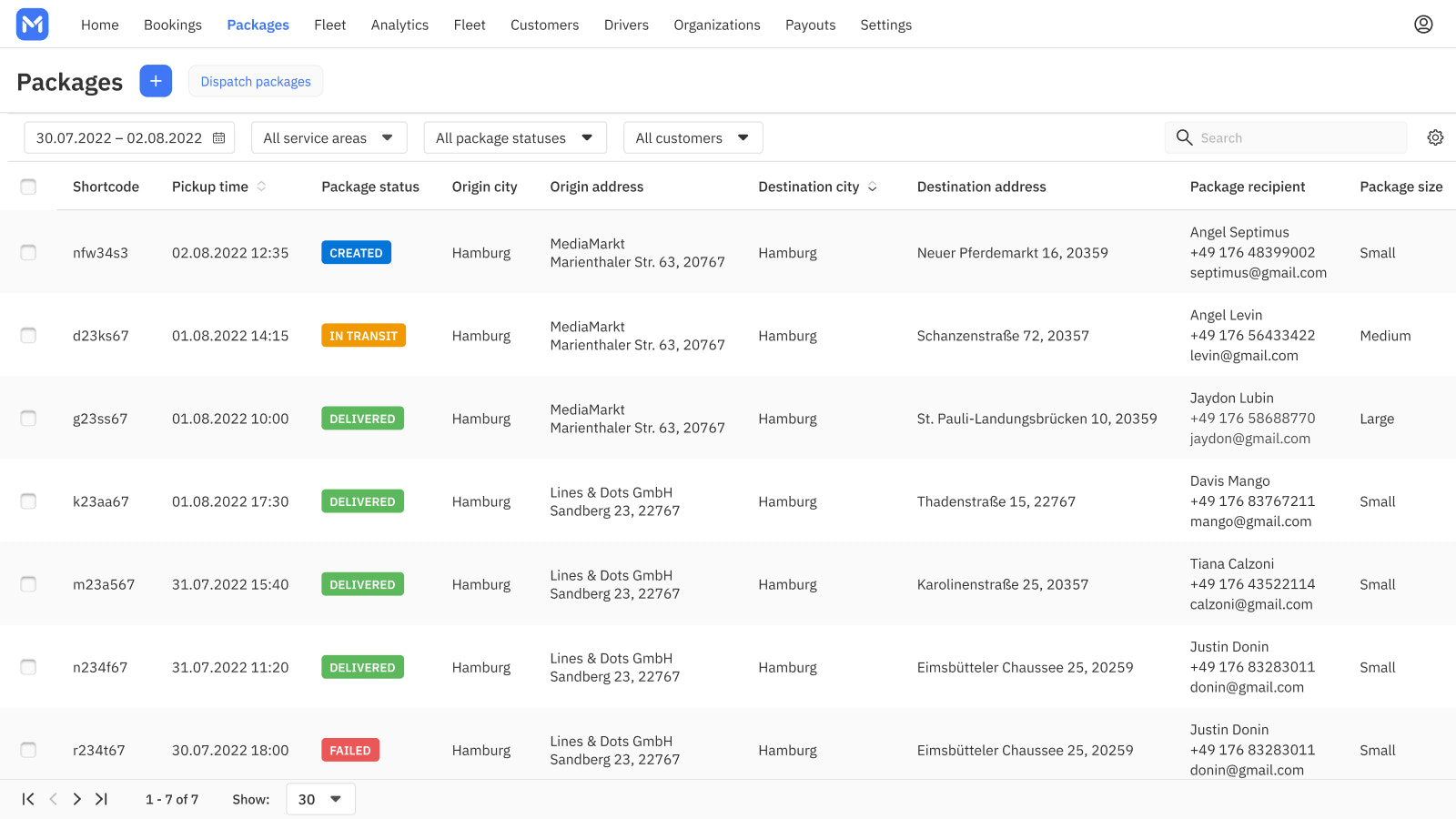 Visualize envios em andamento e concluídos