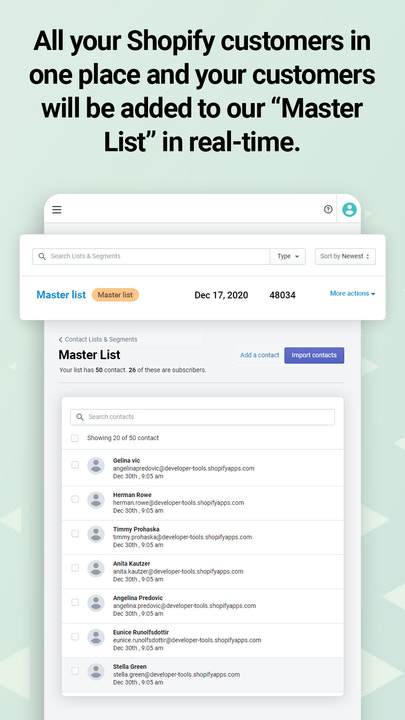 Sincronización en tiempo real de la lista de correo electrónico con los clientes de Shopify para enviar correos electrónicos