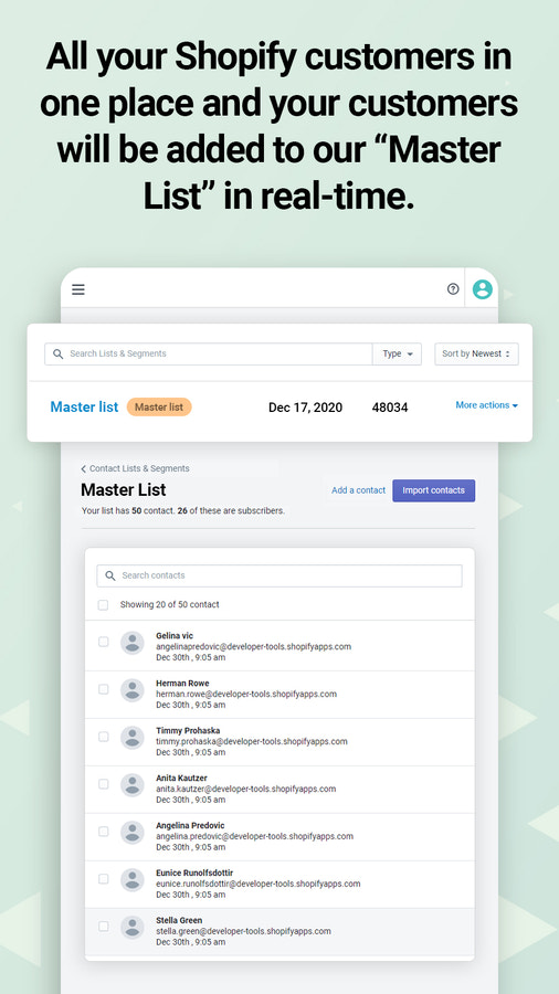 Sincronización en tiempo real de la lista de correo electrónico con los clientes de Shopify para enviar correos electrónicos