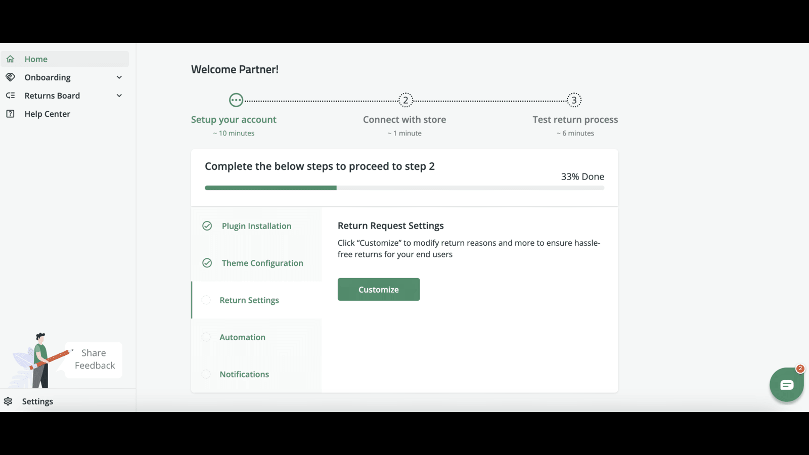 Interfaz de usuario para la configuración de devolución en la aplicación