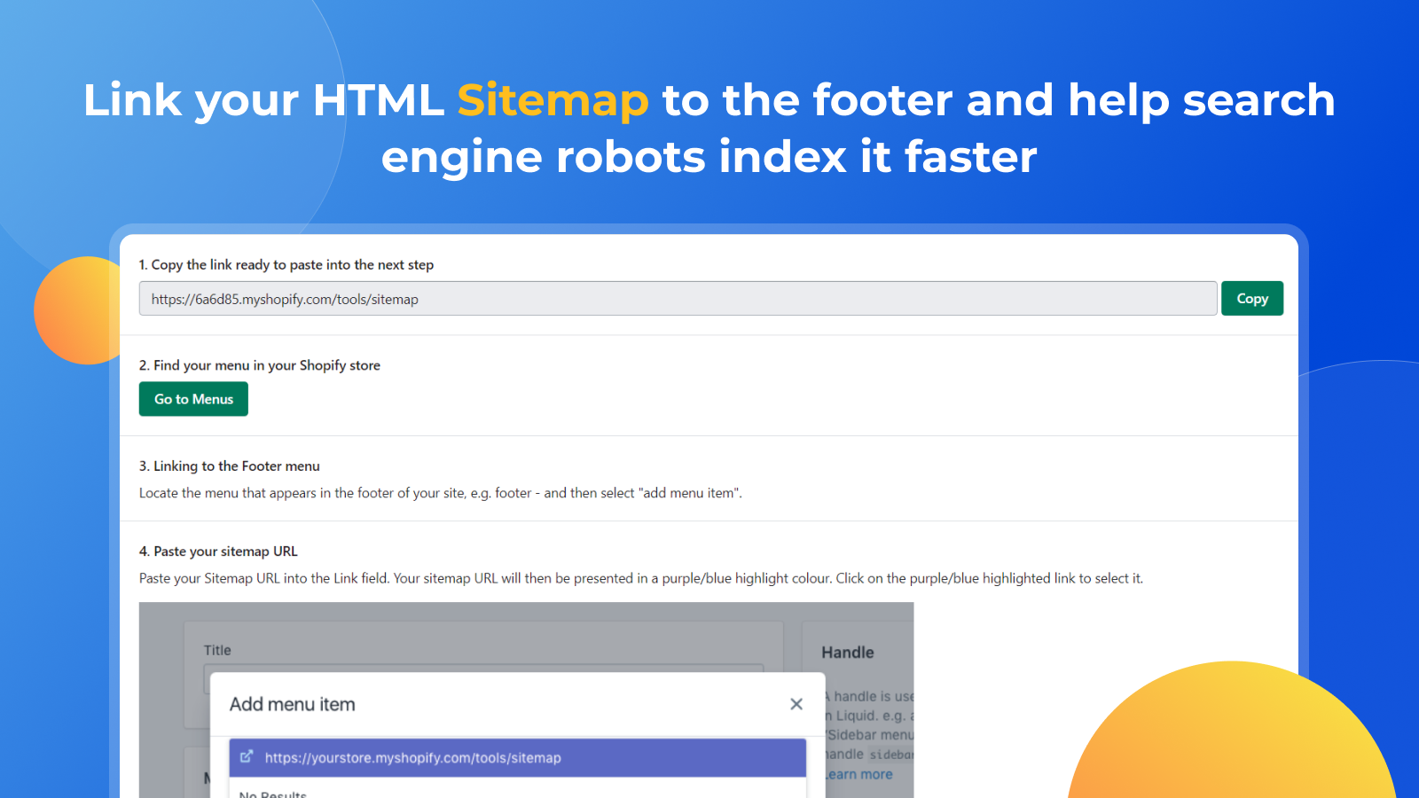 Add the Shopify SEO HTML Sitemap page link to your site's Footer