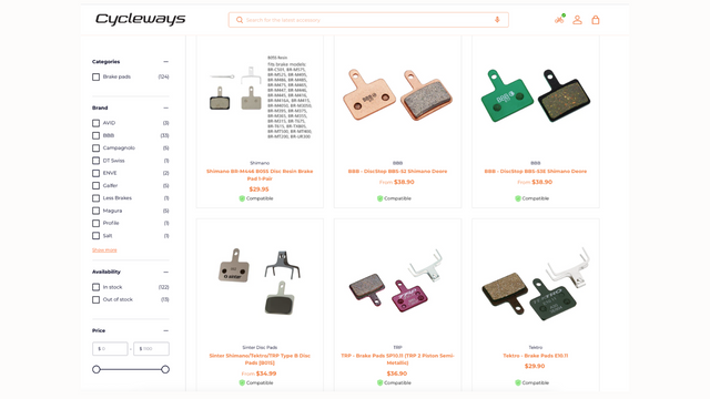 PLP Page showing compatibility based on the bike selected