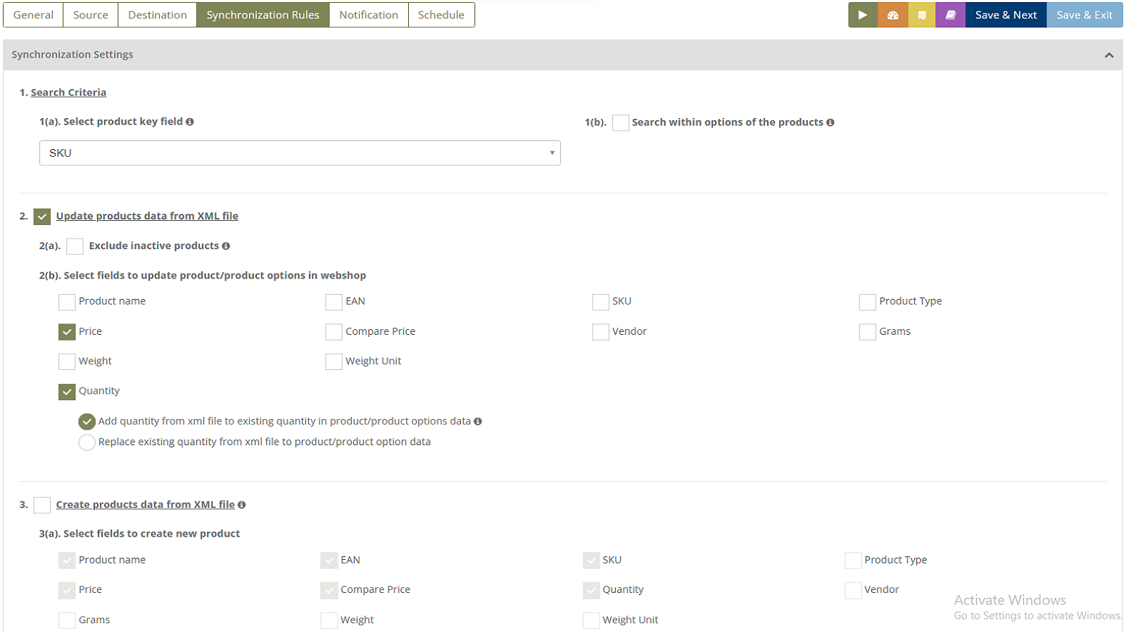 'Synchronization rules' to configure settings for products sync