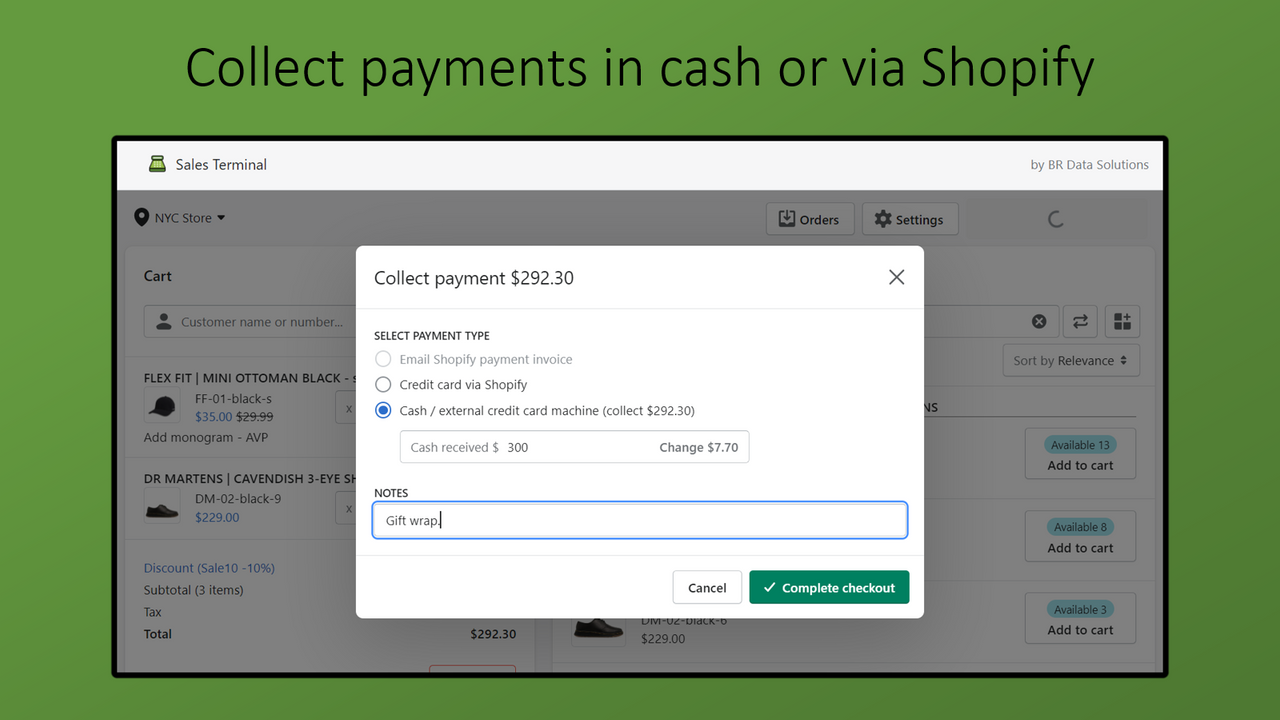 Accept cash/credit or email your customer the cart