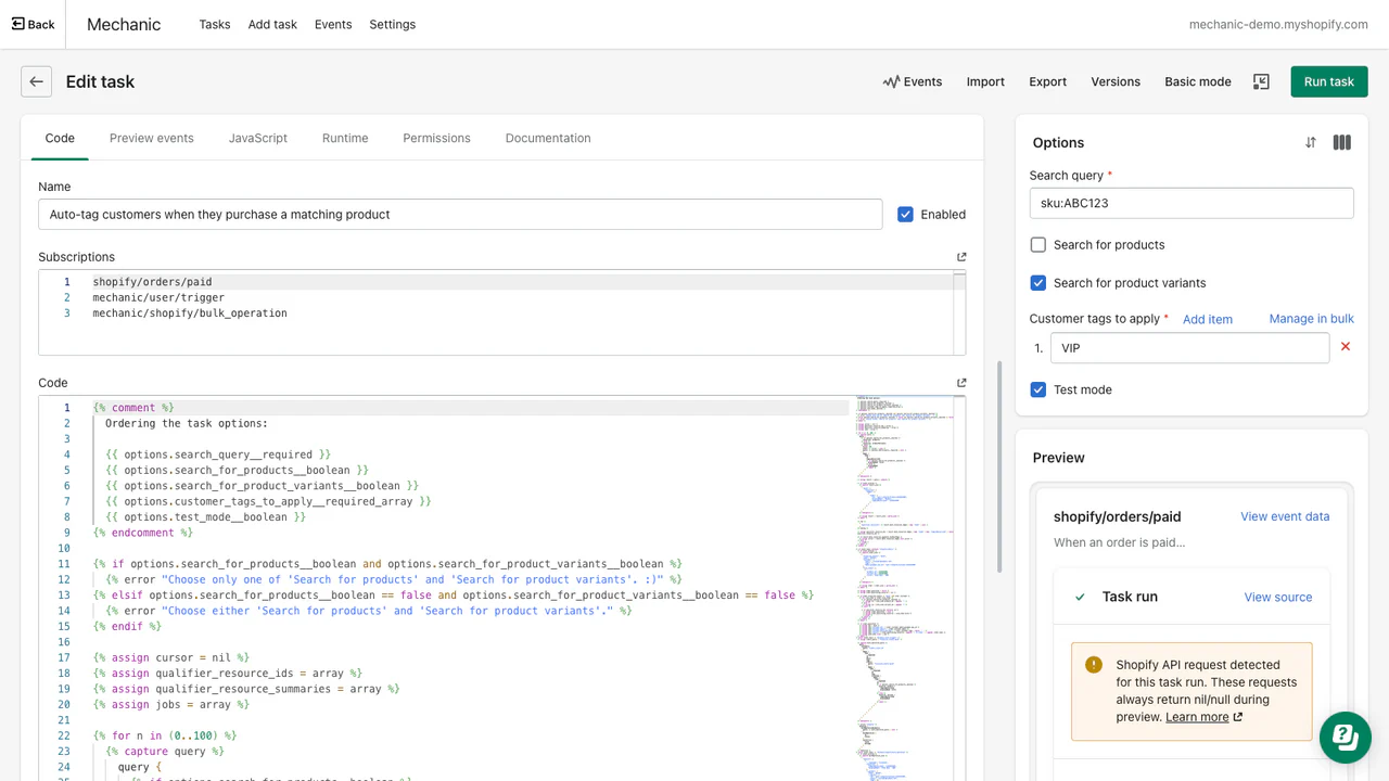 Pantalla completa y configuración avanzada de la tarea, para editar su código