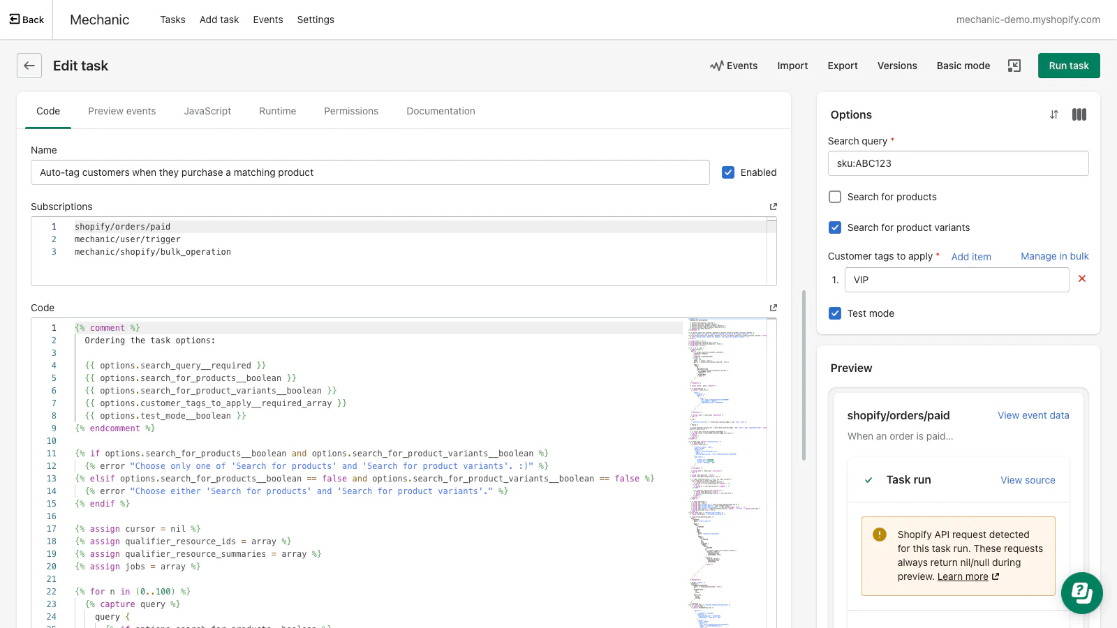 Pantalla completa y configuración avanzada de la tarea, para editar su código