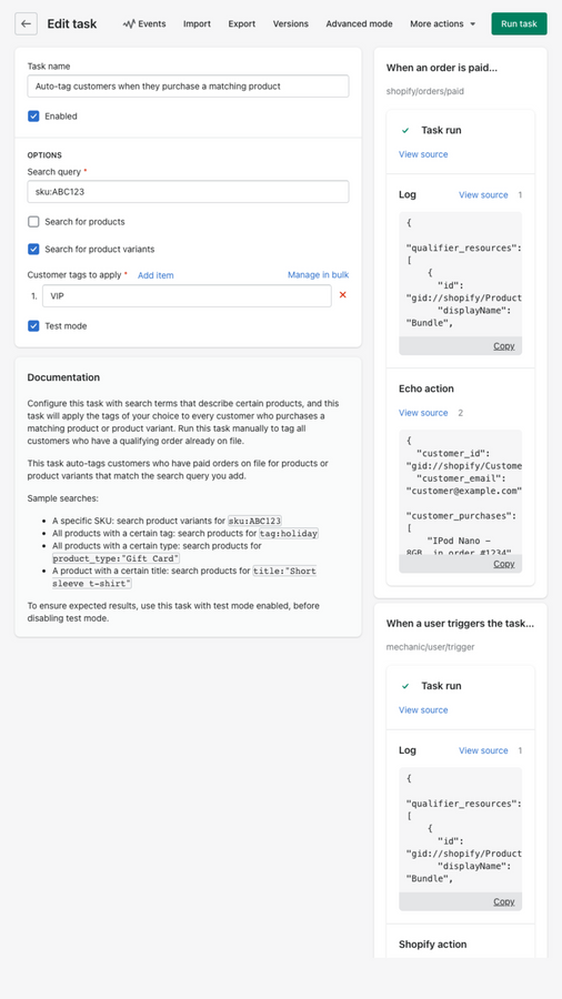 Édition de la configuration d'une tâche