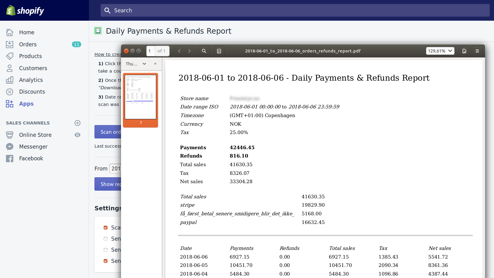 Payments & Refunds PDF Report Screenshot