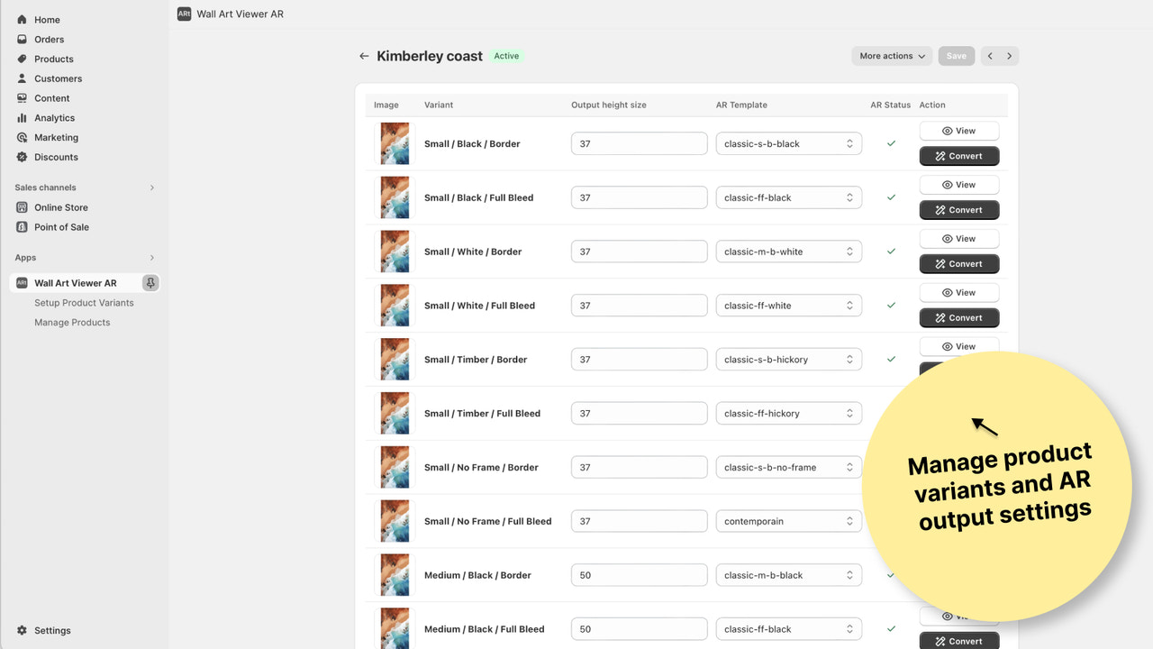 Manage product variants and AR output settings