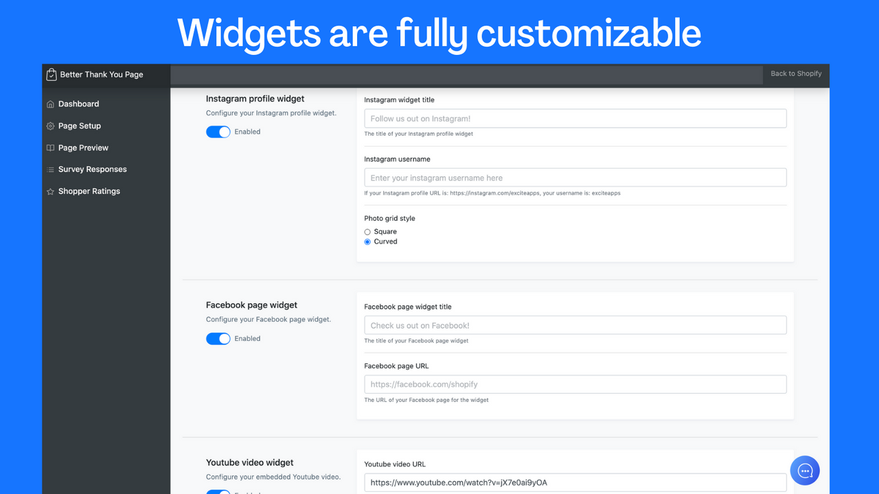 widgets pós-compra personalizáveis