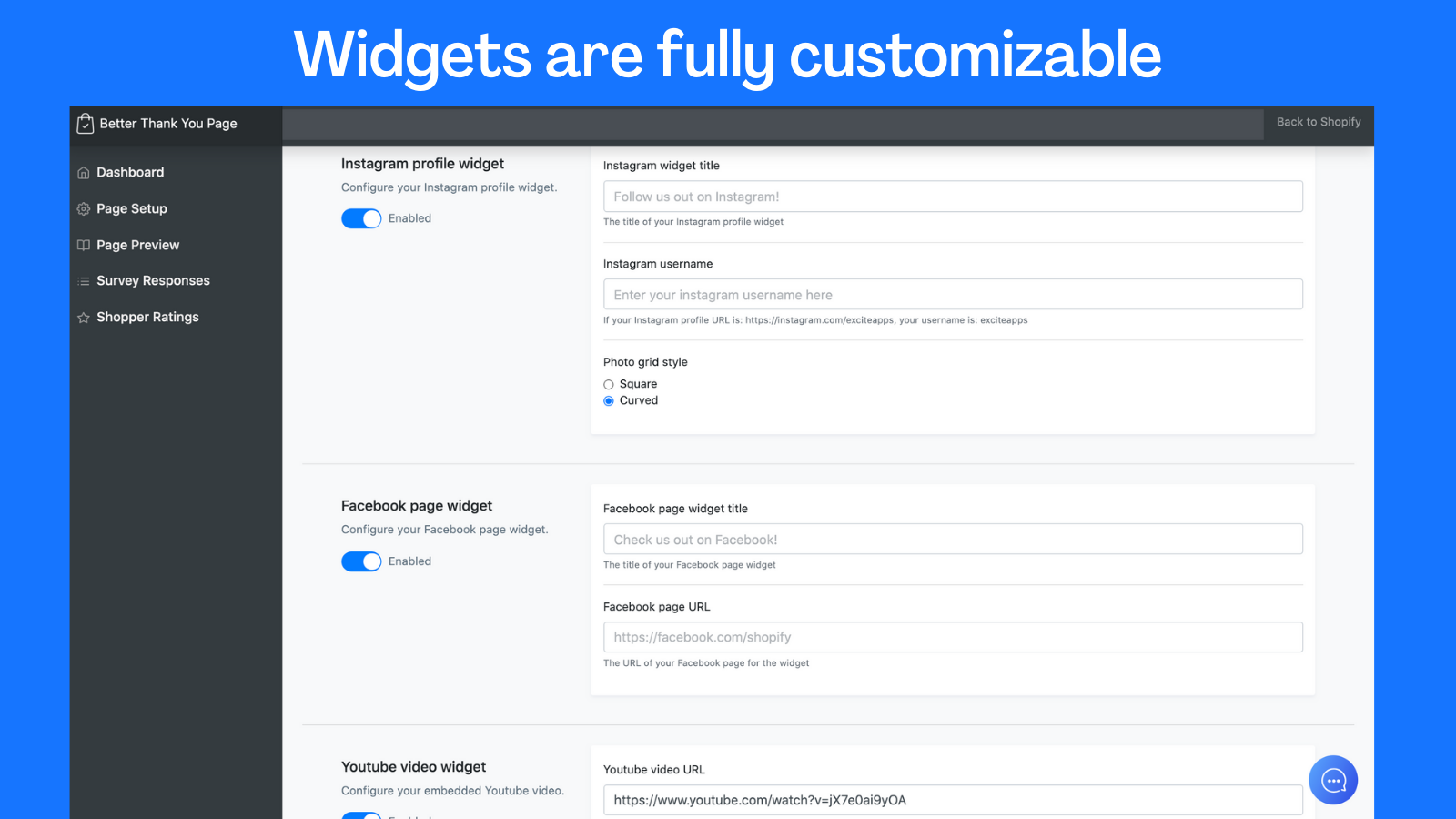 widgets post-compra personalizables