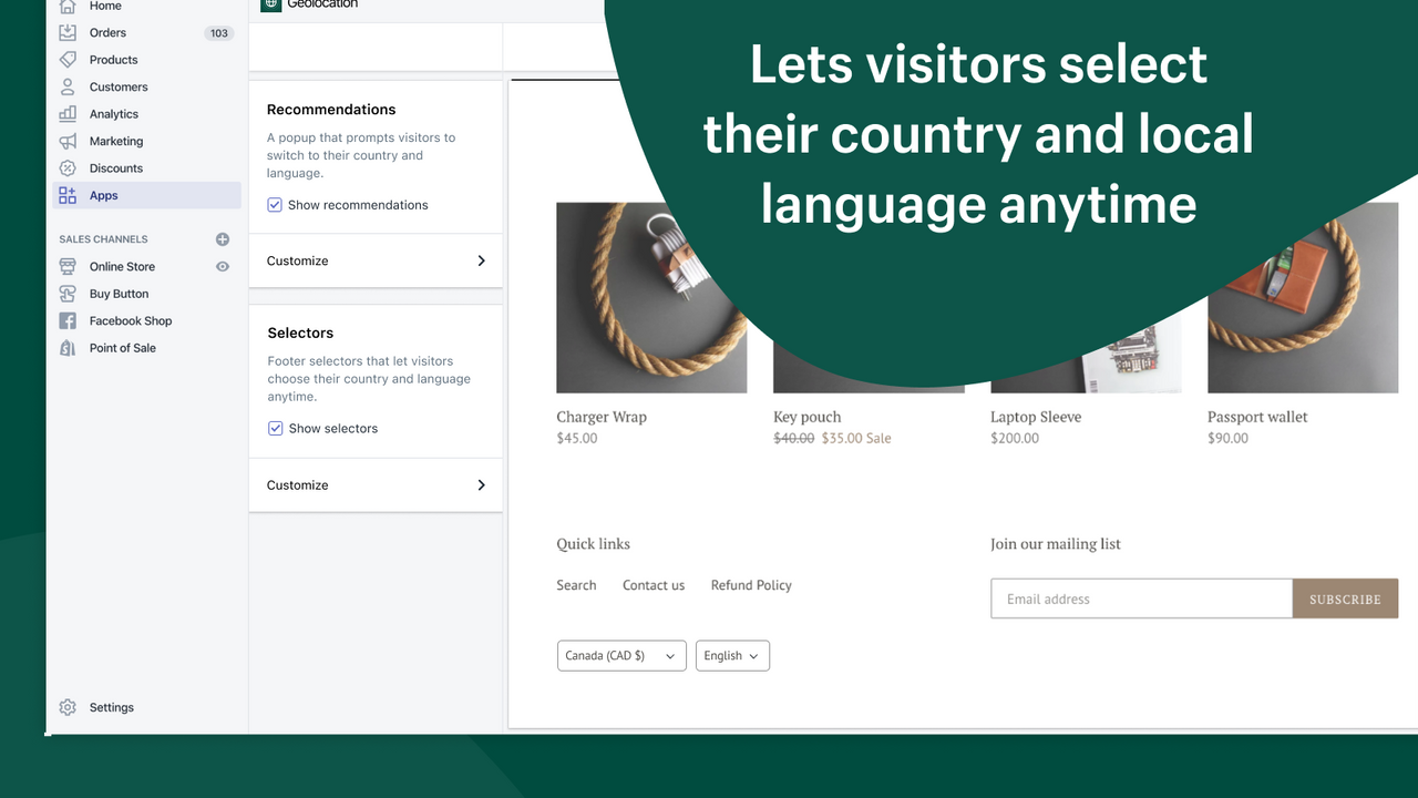 Lets visitors select their country and local language anytime