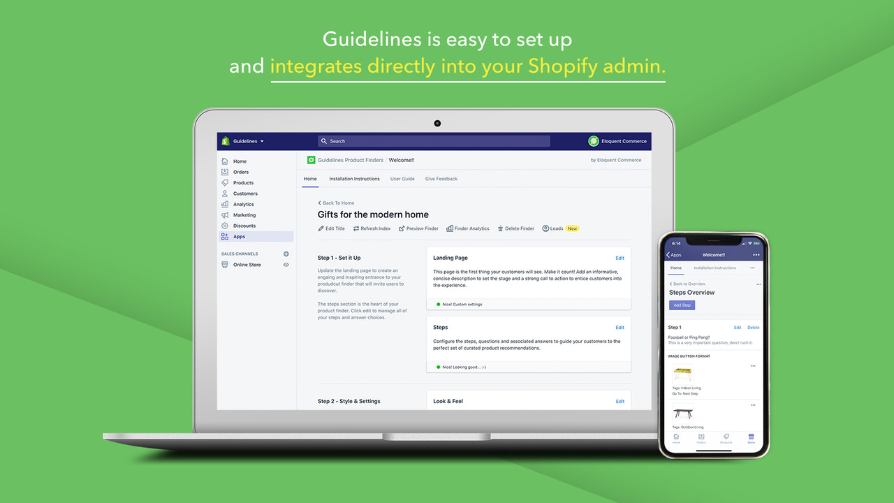 Guidelines produktfinder indlejret i Shopify admin