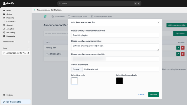 Edit Announcemnt Bar Settings