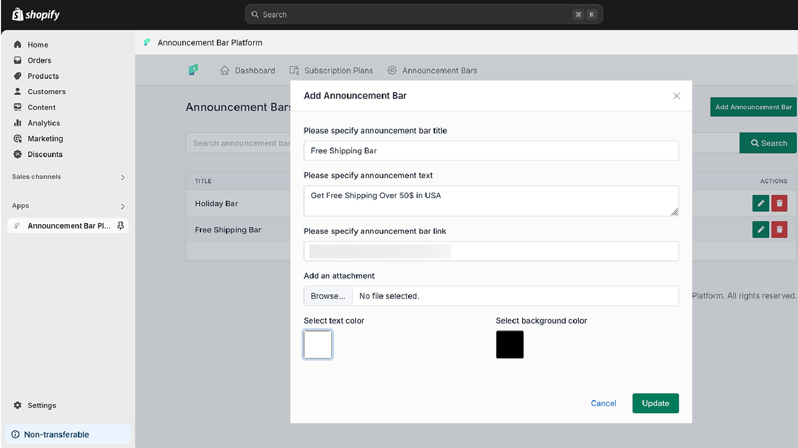 Edit Announcemnt Bar Settings