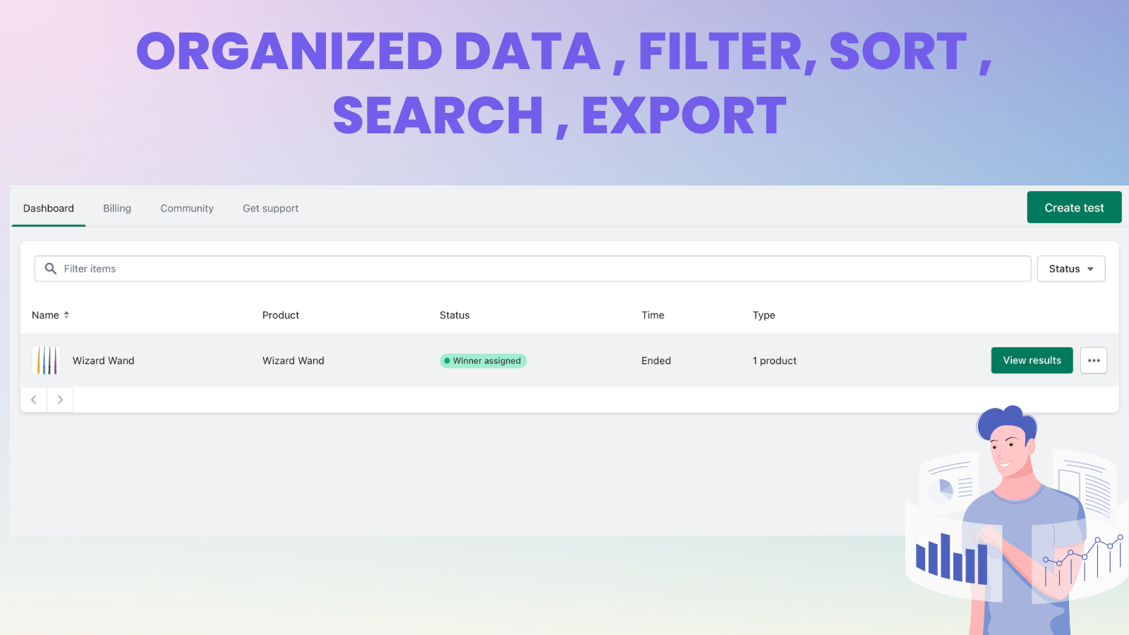 Organize Data , Filter , Search , Export 