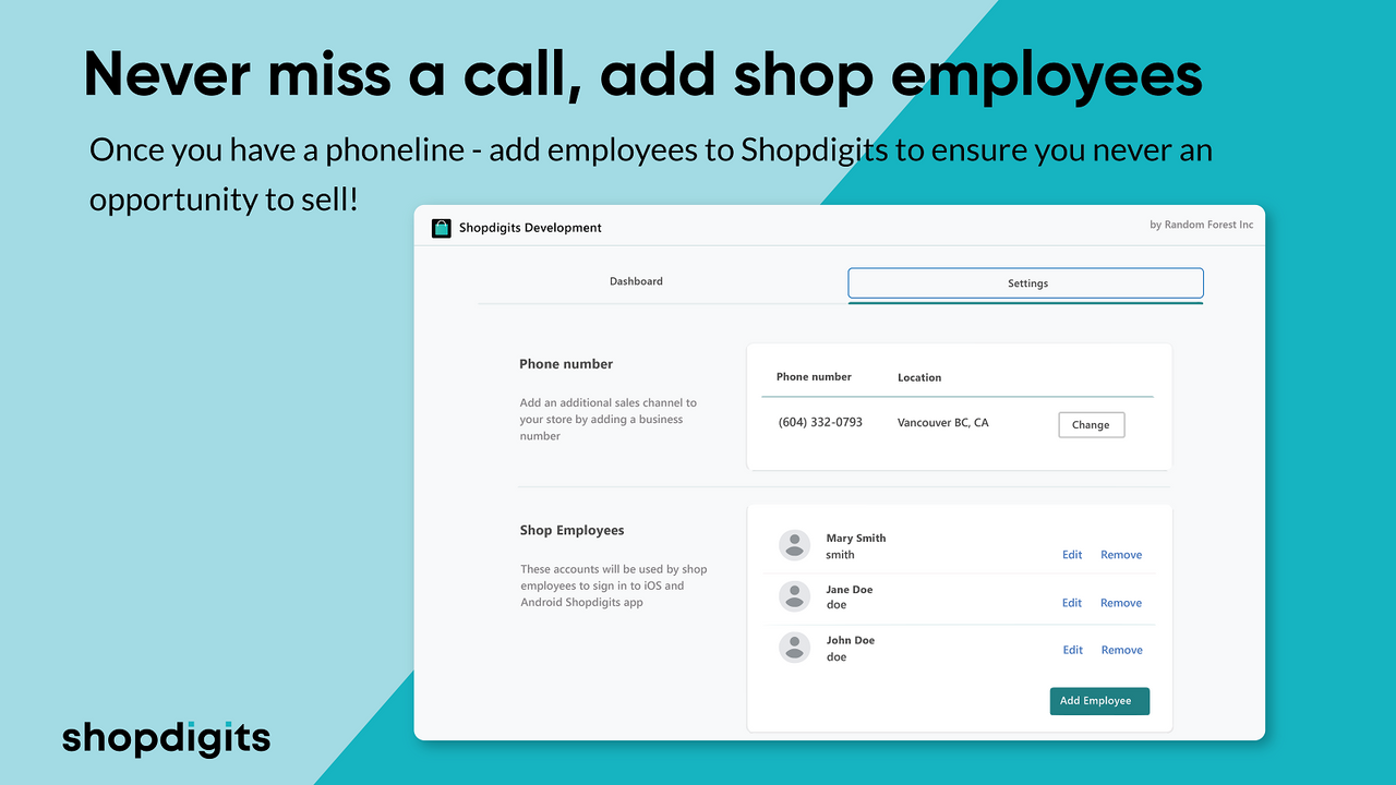 Ajoutez des employés à votre application Shopdigits et ne manquez jamais un appel téléphonique