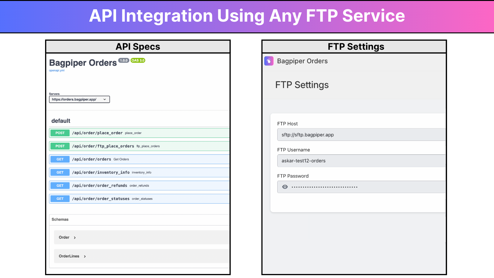 integración de API utilizando cualquier servicio FTP