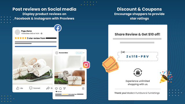 Facebook & Instagram reviews. Discount coupon for product review