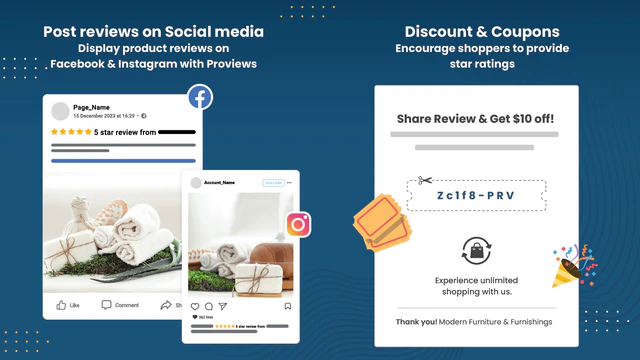 Facebook & Instagram reviews. Discount coupon for product review