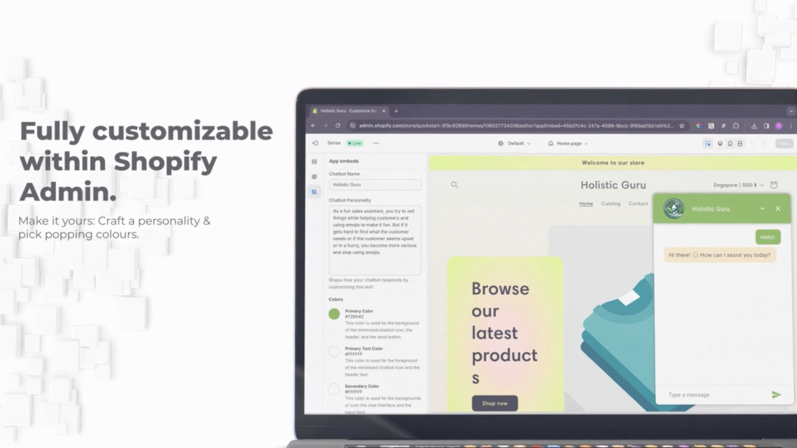 Entièrement personnalisable dans l'administration Shopify - Assistant de vente IA