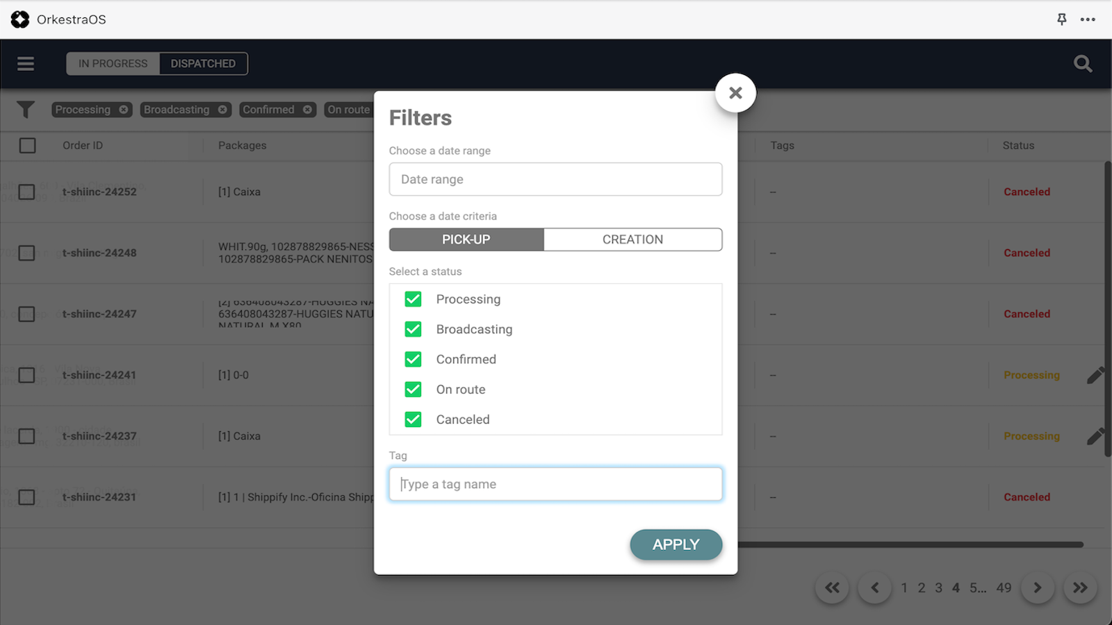 Filtre pedidos por datas, status ou tags digitais