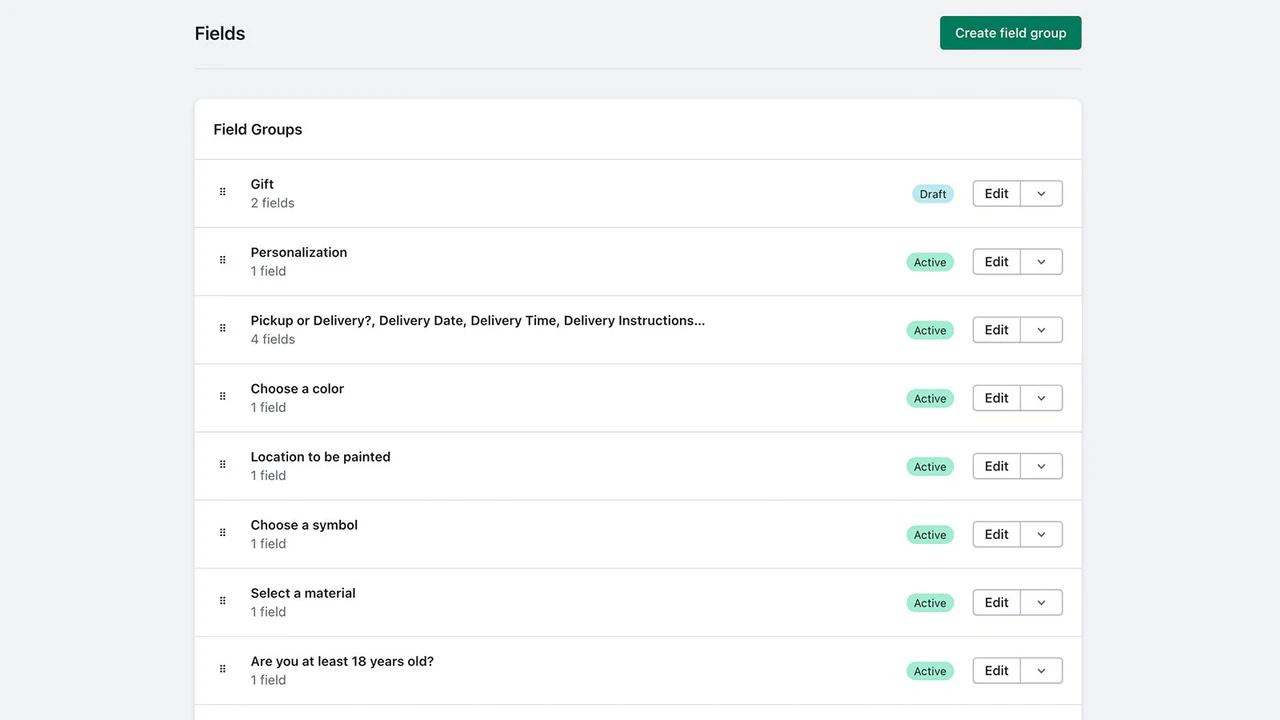 Screen listing field groups and their active or draft status