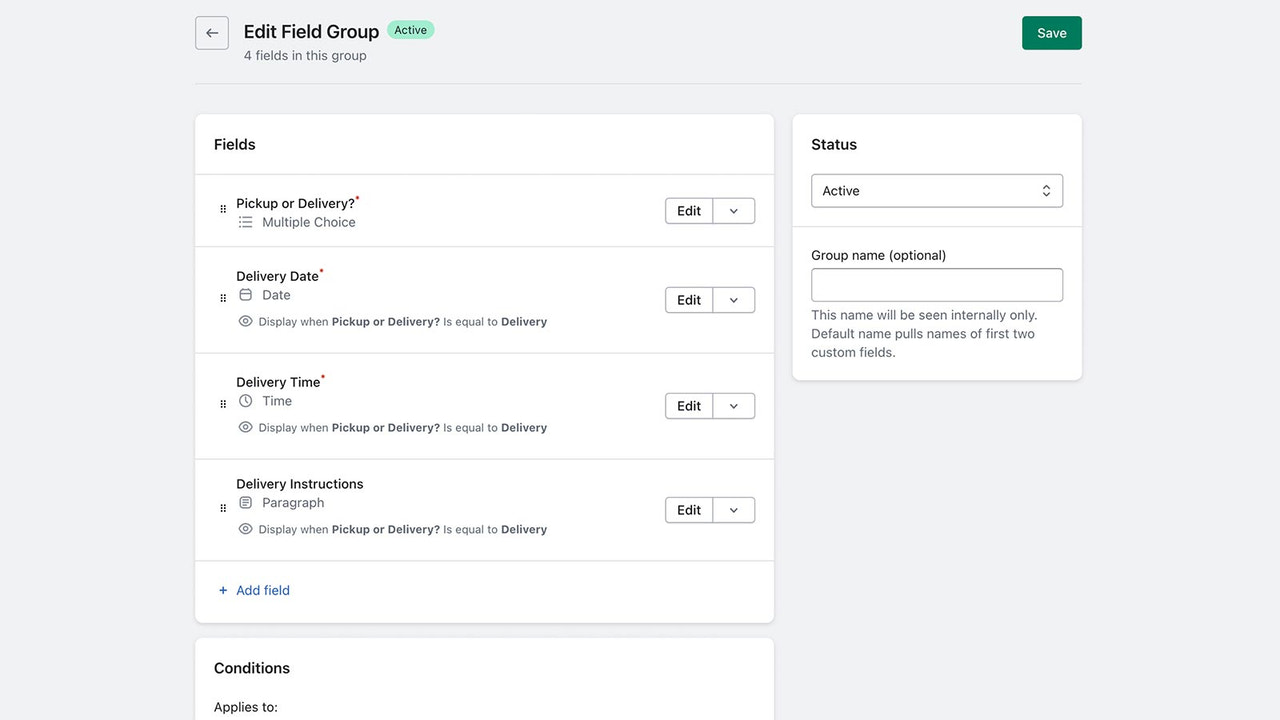 Field group editor with options to build fields for products