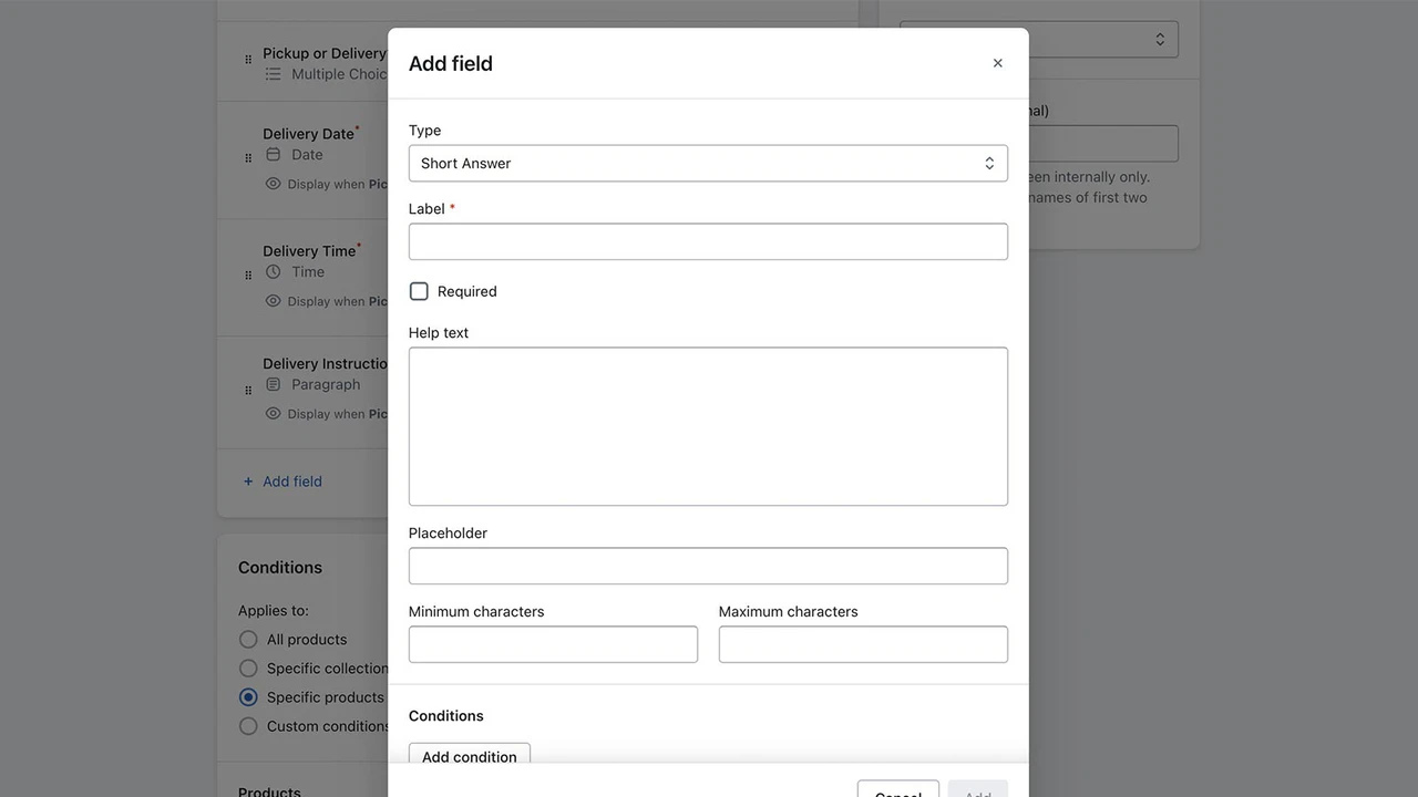 Individual field editor modal with options for short answer type