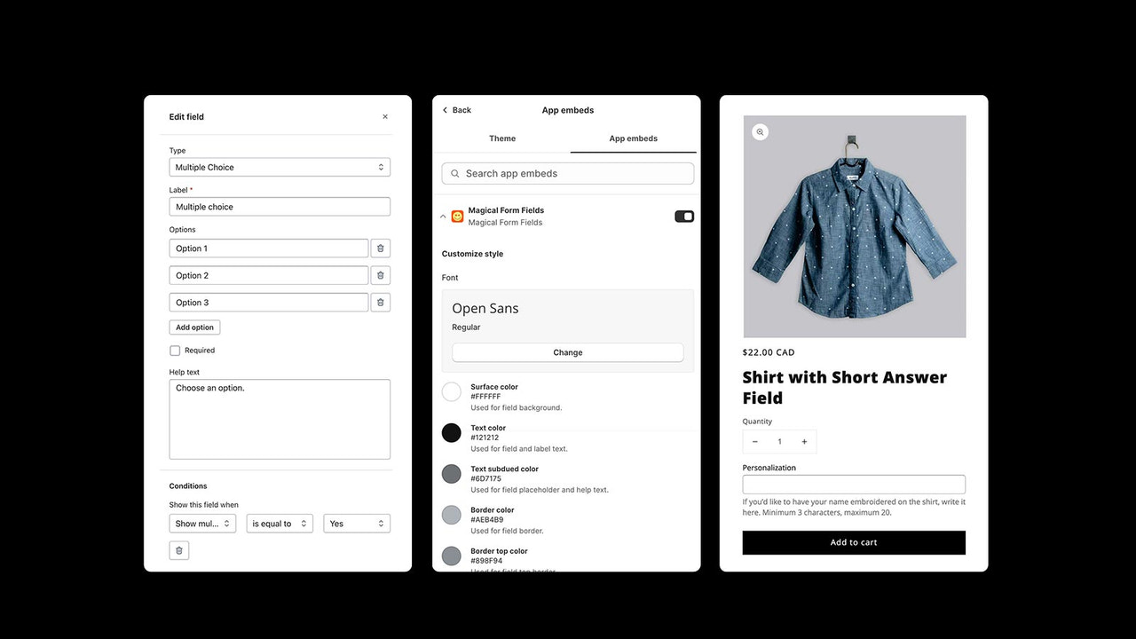3 order form fields app mobile screenshots: editor and front end