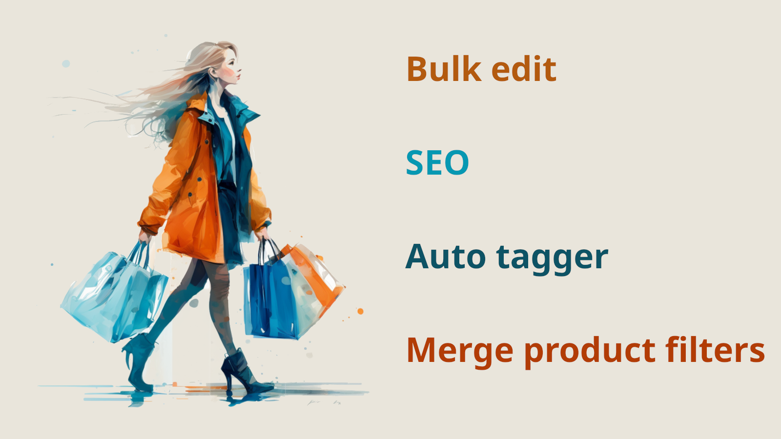 Bulk redigera, SEO, Auto taggare, Sammanfoga produktfilter