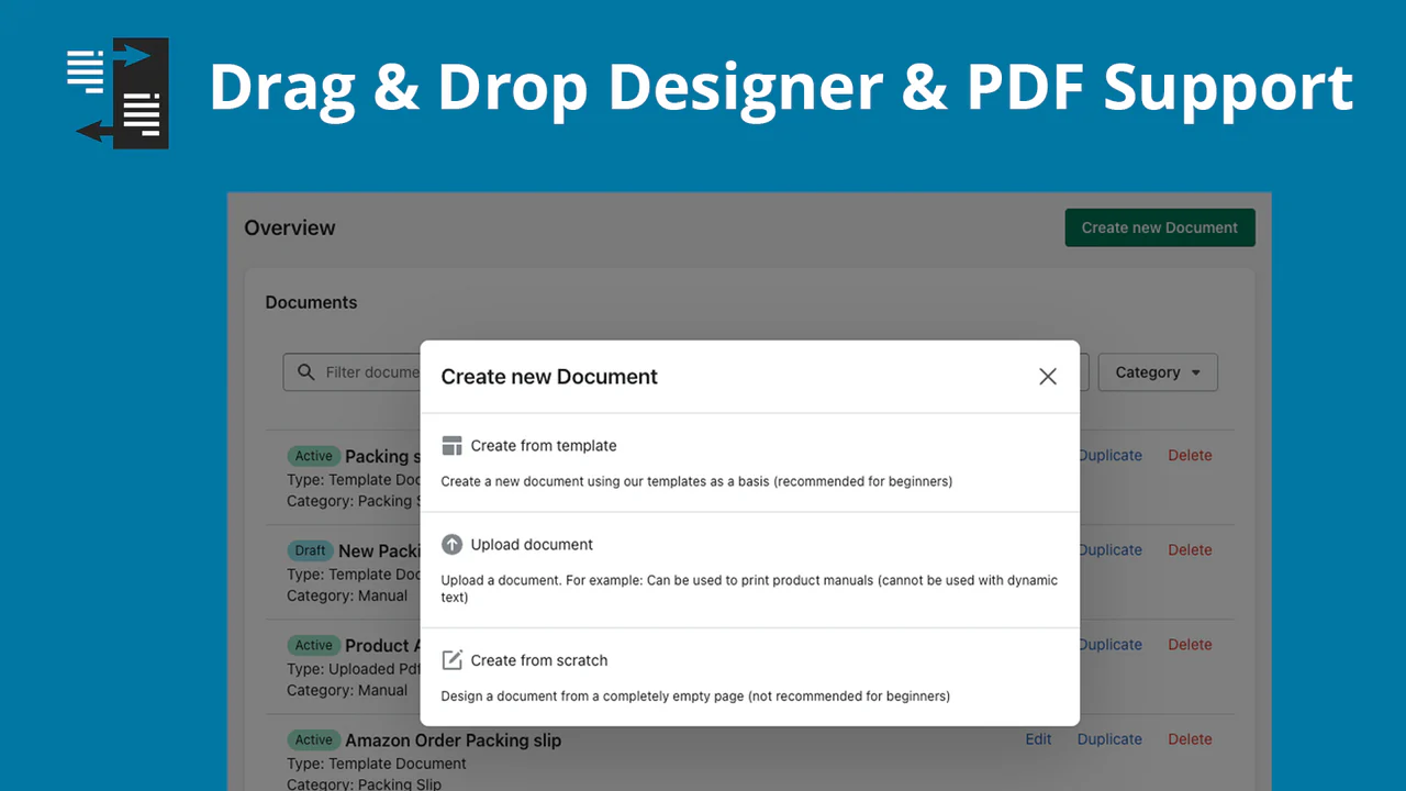 Opret dine dokumenter med vores designer eller upload PDF-filer