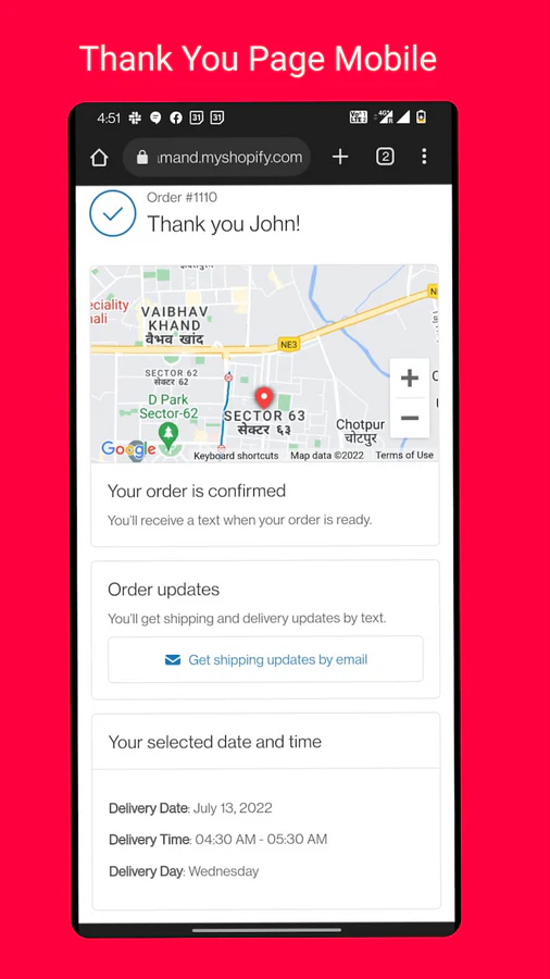 Thank you page Mobile - In Store Pickup order delivery date