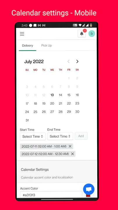 Configurações do calendário - Mobile - Retirada e entrega na loja