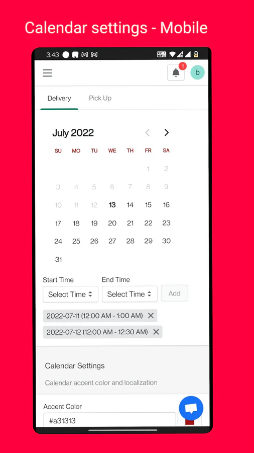 Configurações do calendário - Mobile - Retirada e entrega na loja