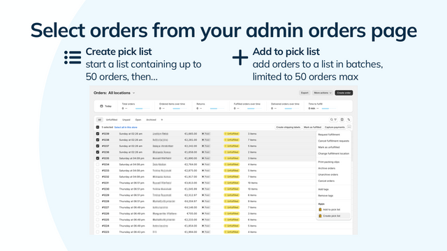 Select orders for the pick list
