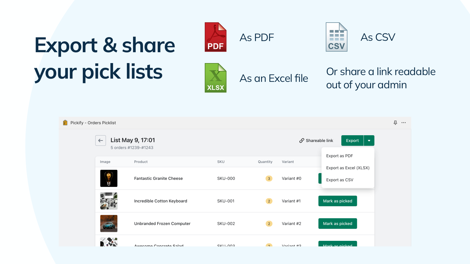 Export and share a pick list to fulfil orders 