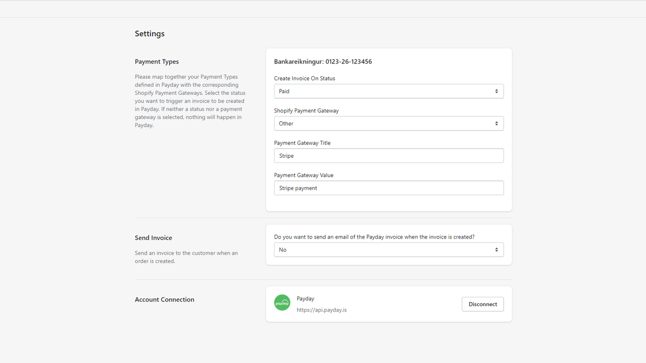 Integration settings screen with custom payment gateway mapping
