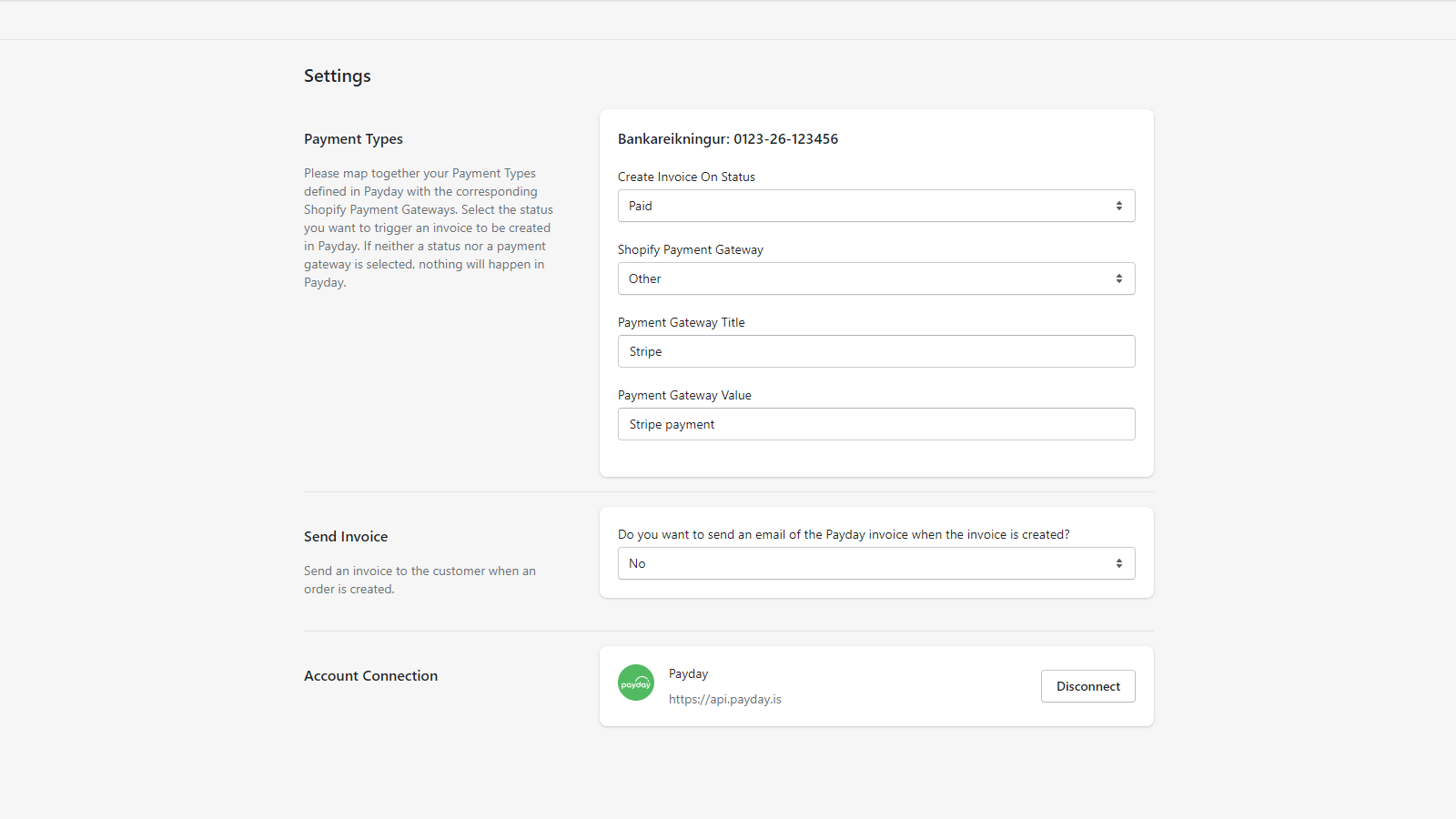 Integration settings screen with custom payment gateway mapping