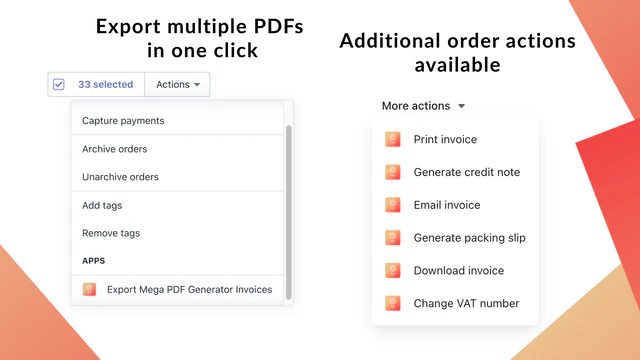 Factuur PDF Generator – bestelmenu – print, download of e-mail