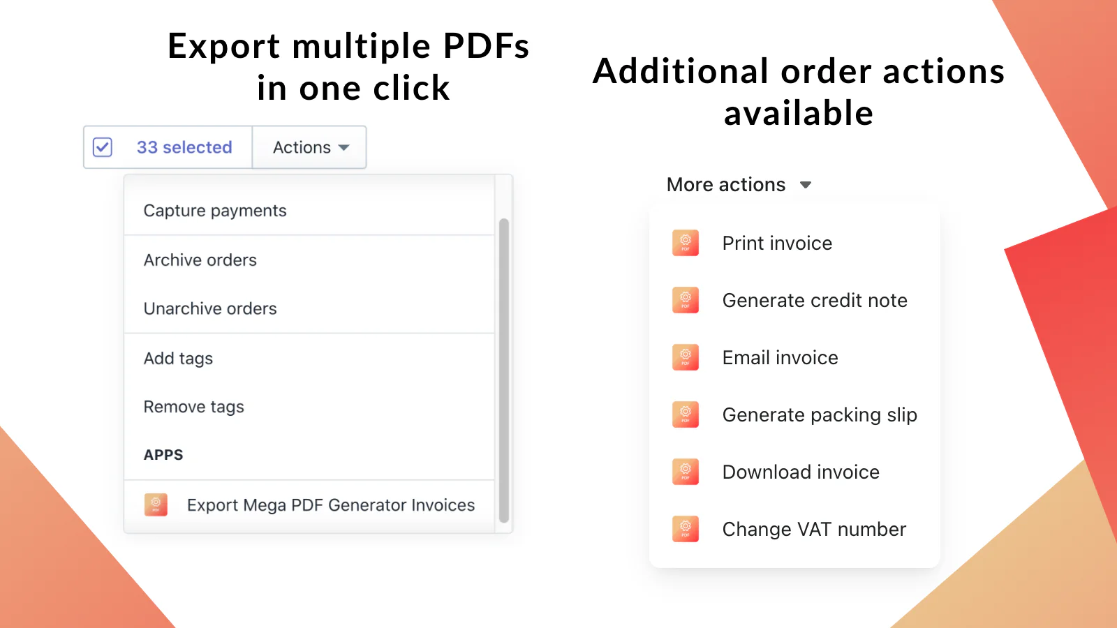 Générateur de factures PDF – menu de commande – imprimer, télécharger ou envoyer par e-mail