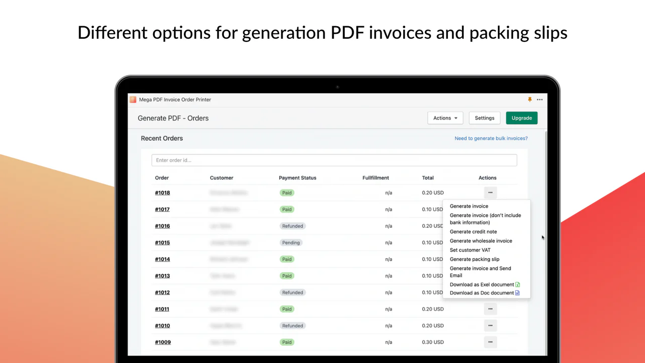 Générateur de factures PDF – liste des commandes – télécharger ou envoyer par e-mail le PDF