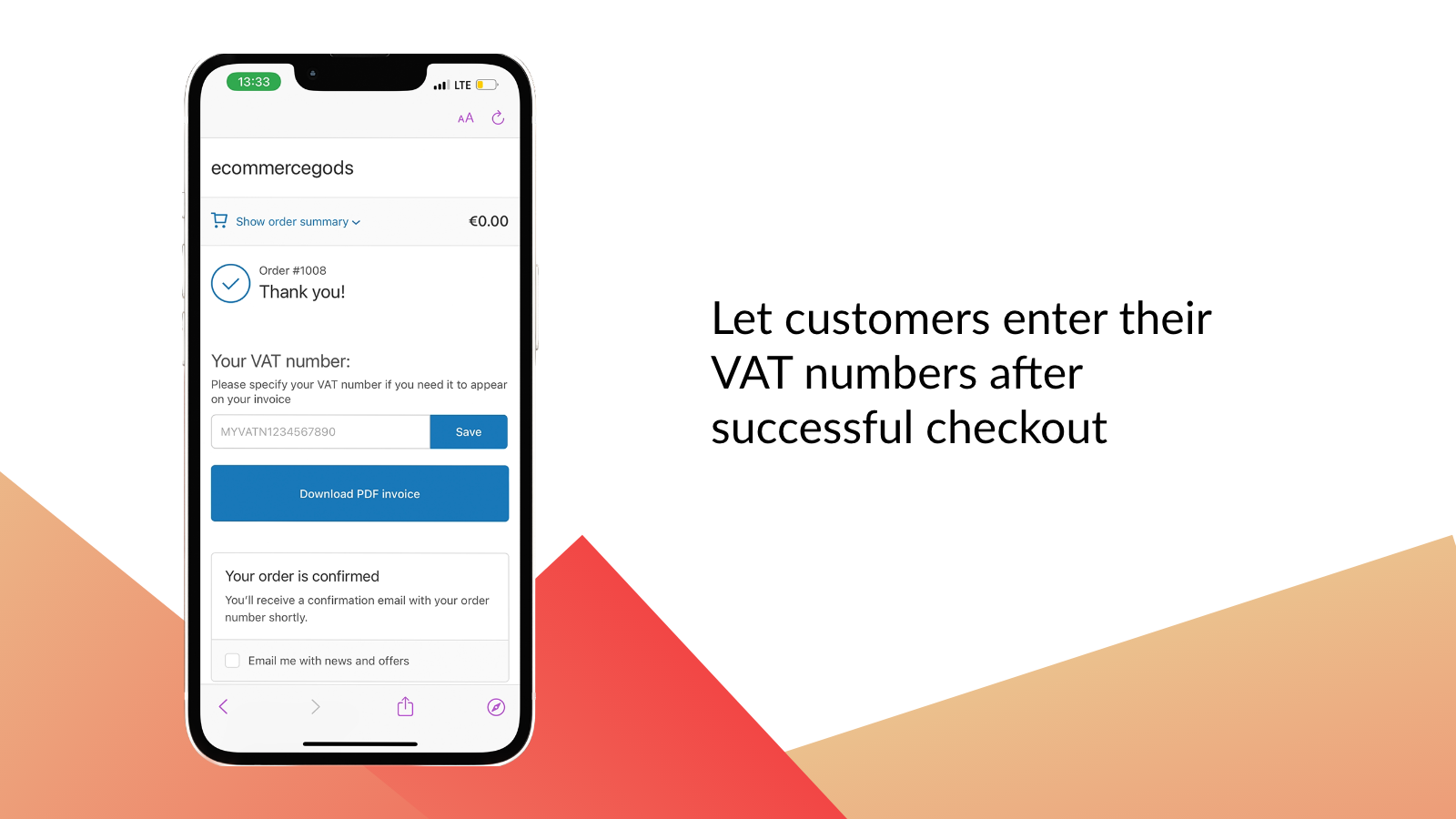 Permita que os clientes insiram seus números de IVA após o checkout bem-sucedido