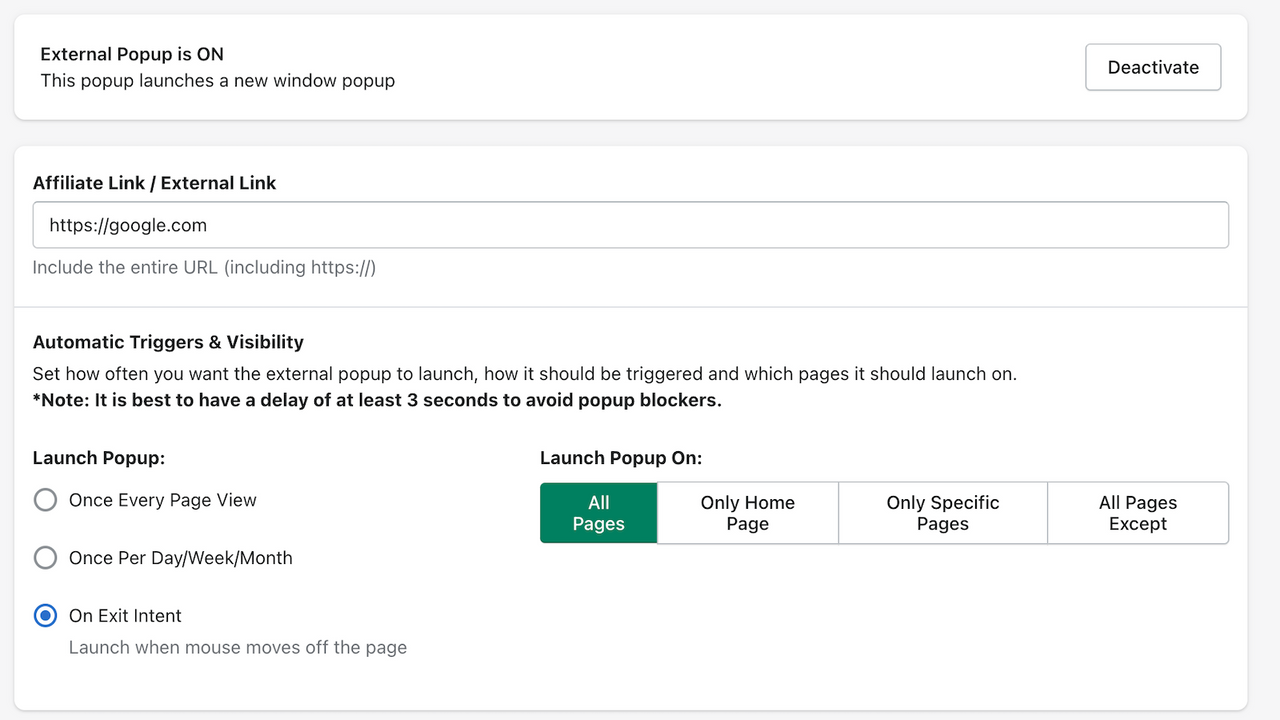 Exit intent, delay and more for external pop ups