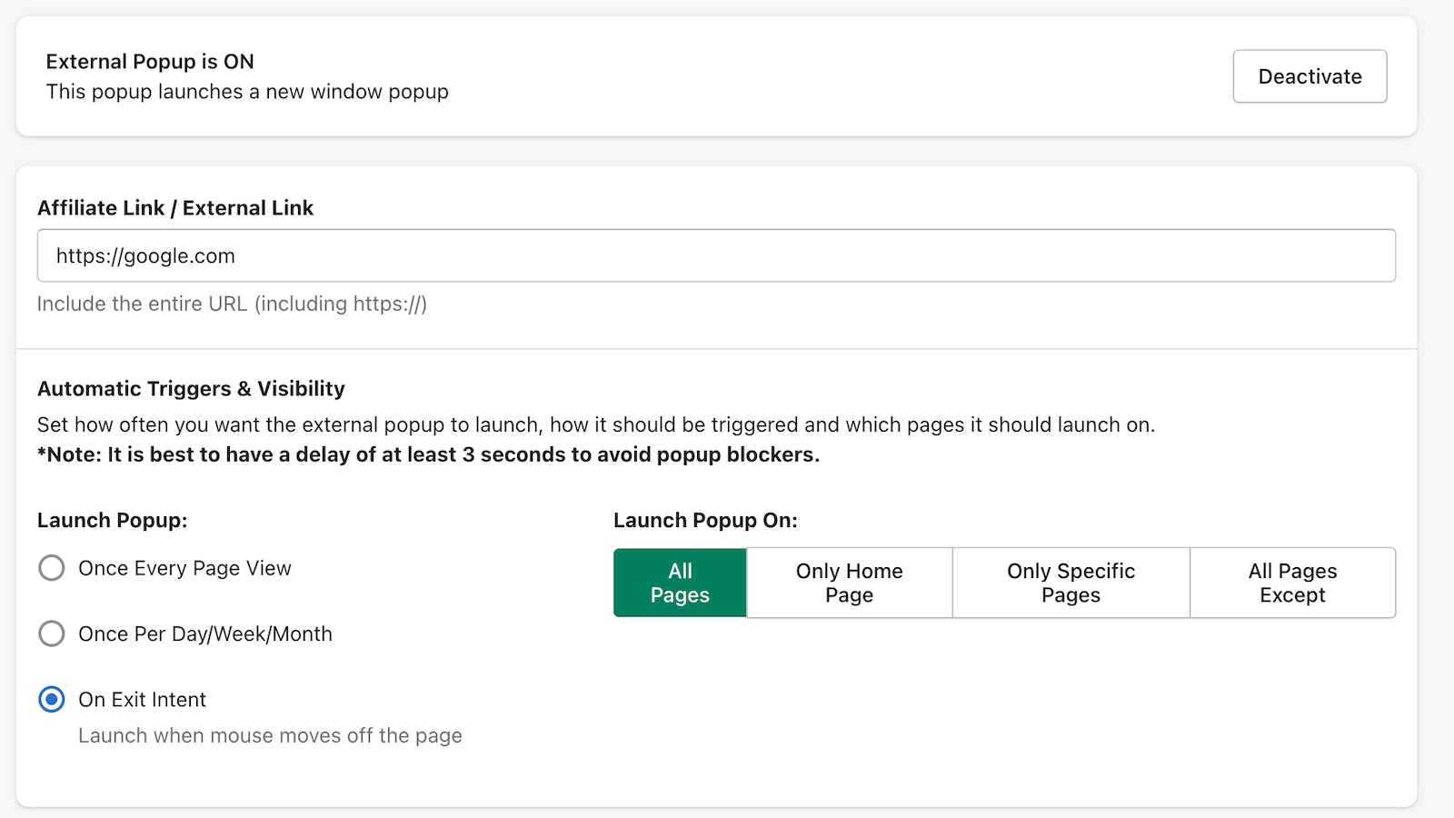 Exit intent, delay and more for external pop ups