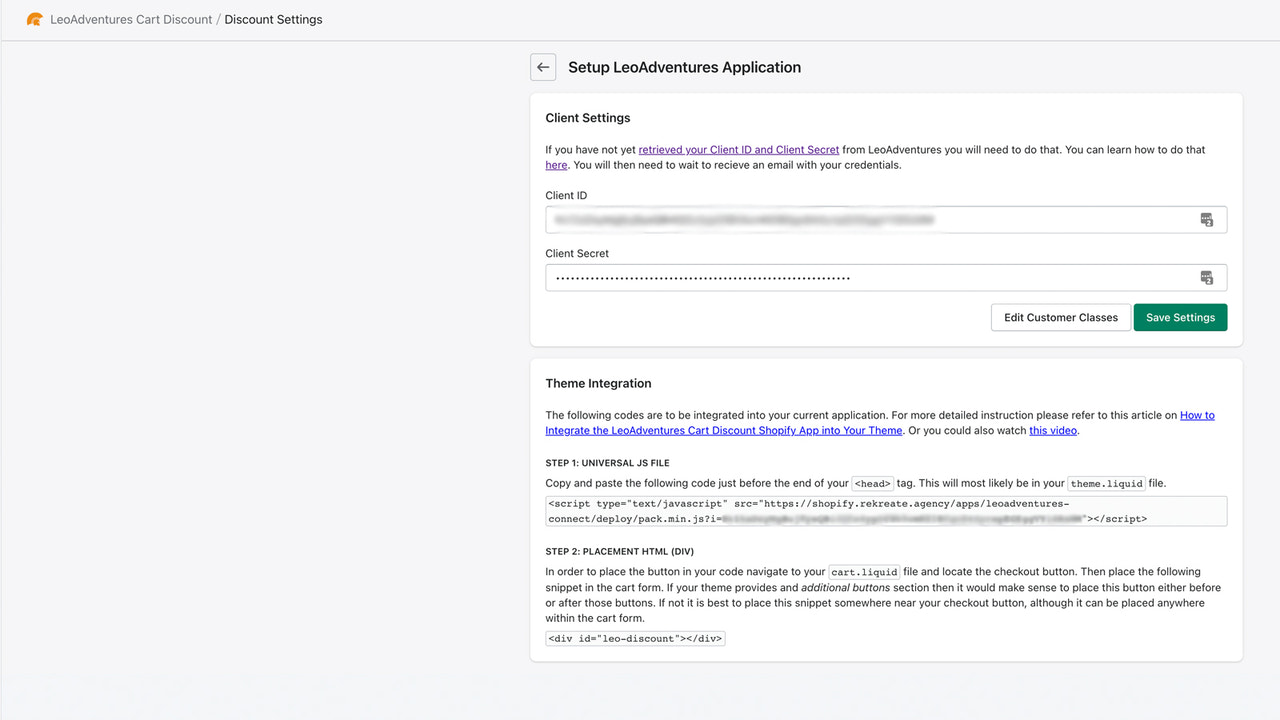 Página de configuración del cliente en backend